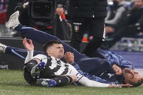 Watch as ex-Chelsea boss Sarri is FLOORED and glasses fly off after Udinese ace collides with him..