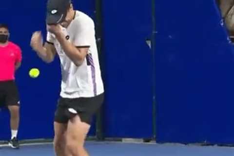 Tennis star forced to retire mid-match after hitting HIMSELF in the eye with ball leaving him..