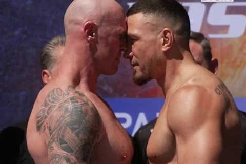 Watch AFL legend Barry Hall HEADBUTT ‘nervous’ Sonny Bill Williams at weigh in ahead of boxing fight