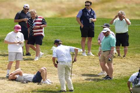 US Open fan collapses to floor and holds head after being hit by ball from Phil Mickelson as crowd..