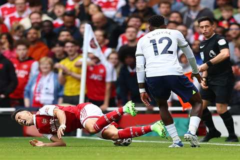 Tottenham star Emerson Royal shown straight red card for horror challenge on Arsenal’s Gabriel..