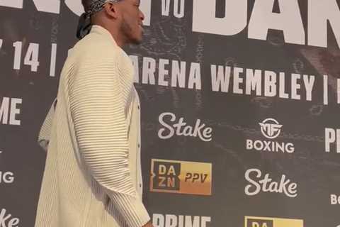 Watch KSI awkwardly laugh as he faces off with NOBODY after Dillon Danis’ no-show at press..