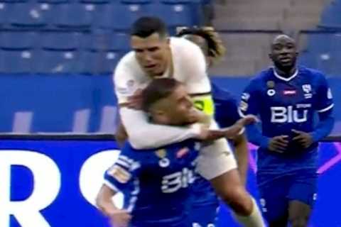 Cristiano Ronaldo booked for ‘RKO’ing opponent’ as ex-Man Utd star Odion Ighalo haunts CR7