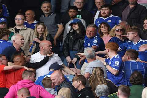 Raging Leicester fans fight in stands as they turn on each other after they are relegated from..