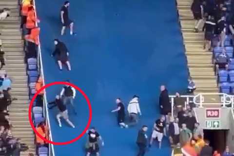 Idiot Peterborough fan goes flying over barrier after appearing to spit on rival Reading supporters